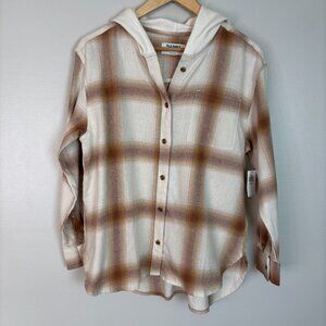 Old Navy Girls XL Plus Flannel Shirt Hooded Cream Tan Plaid Button-Front Top NWT